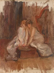 Two women seated by a harp - c.1900